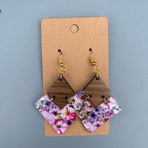 Purple floral, acrylic and wood earrings